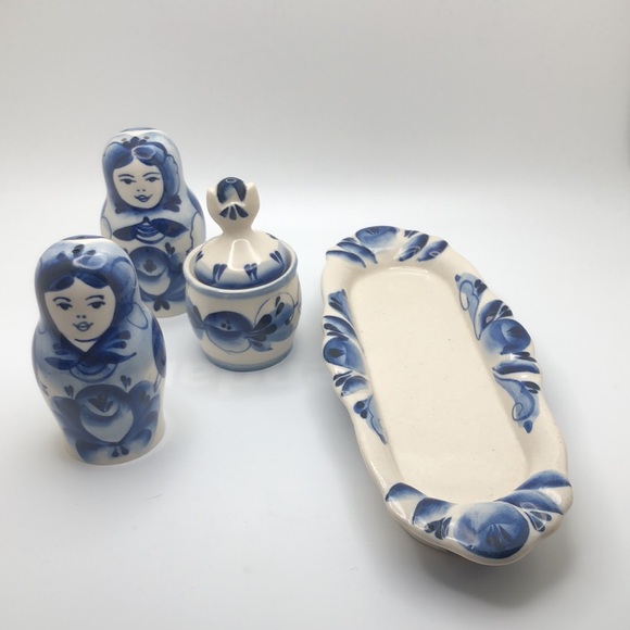 Matryoshka Salt Pepper Condiment Dish Tray Russian Traditional Blue White. VTG - Picture 2 of 9